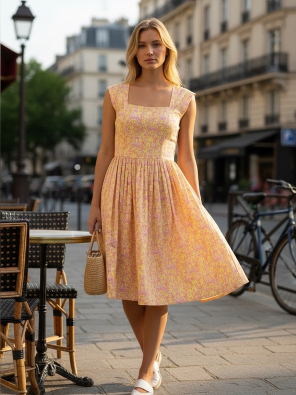Bernie Dexter Yellow and Pink Eiffel Tower Cottage-core Square-Neck Midi Dress